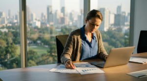 woman working on her laptop looking at charts