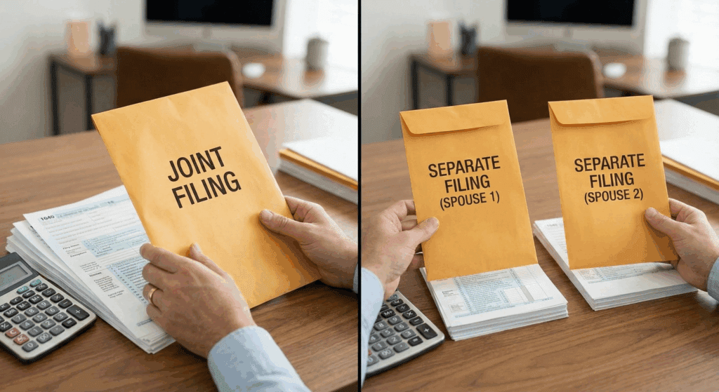 showing two images of the right side showing when does filing separately make sense vs the left side of the image showing filing jointly as a couple