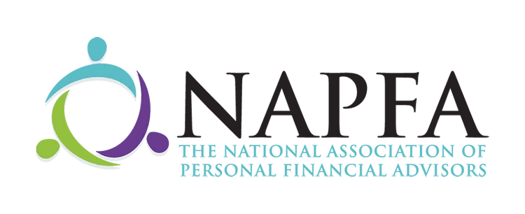 Logo of NAPFA, the National Association of Personal Financial Advisors, featuring a stylized graphic of three figures in blue, green, and purple, symbolizing collaboration and financial guidance.