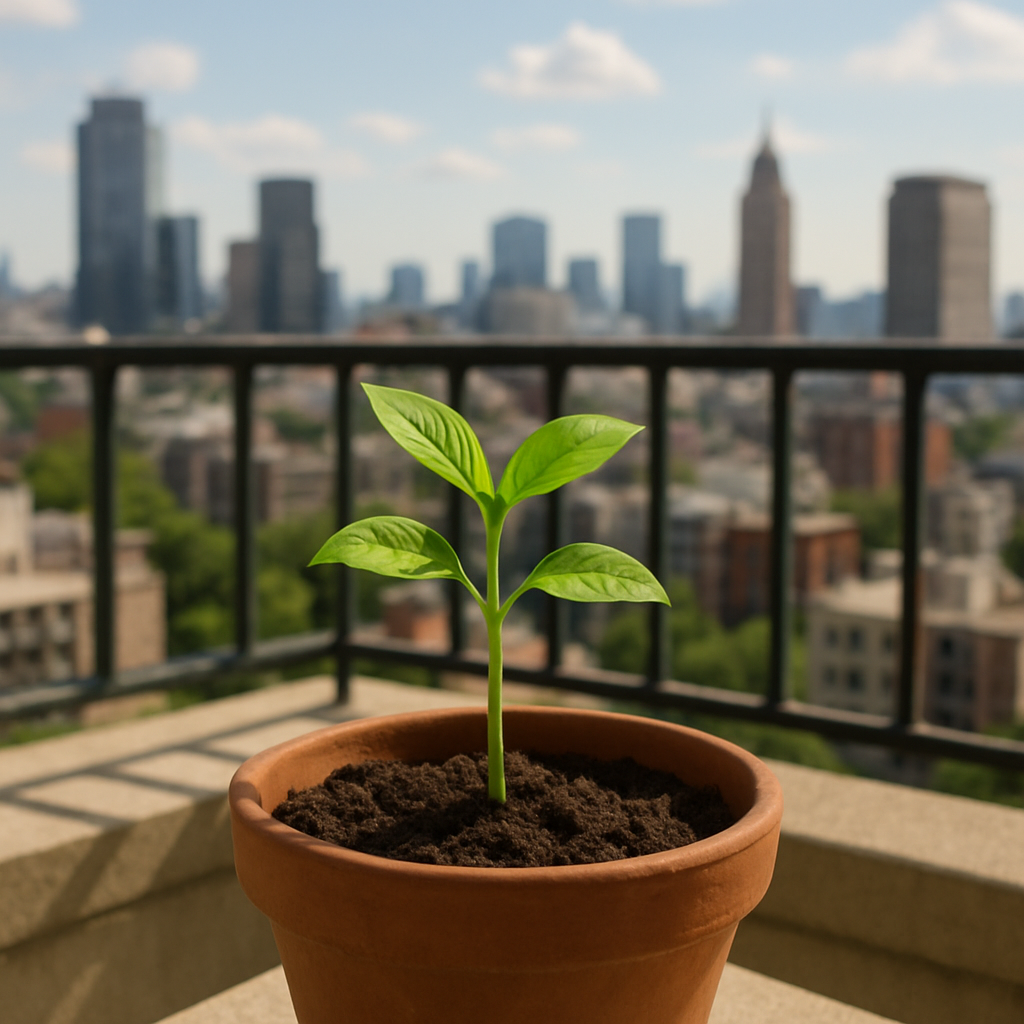 A small green sapling growing in a pot on a sunny balcony, overlooking a city skyline.