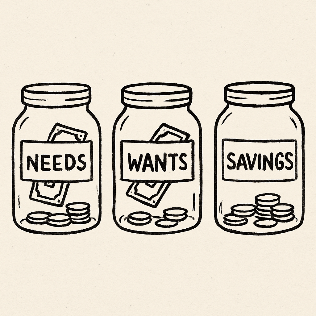 A simple drawing of three clear jars labeled 'Needs', 'Wants', and 'Savings' with small amounts of money in each.