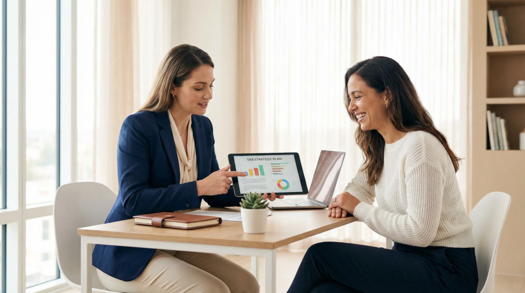 tax planner advisor speaking with her client about tax strategies she can implement throughout the year by showing a laptop monitor and explaining the impact