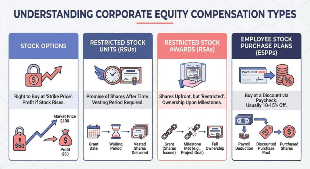 equity comp 4 types explained in a flow chart