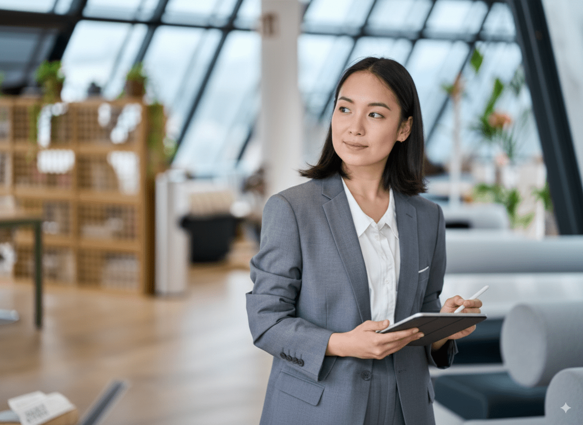Businesswoman in a gray suit holding a tablet, standing in a modern office with large windows and a stylish interior.