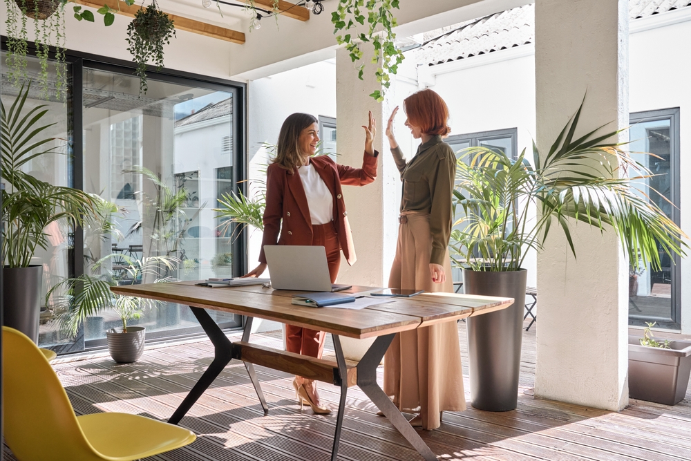 Two businesswomen in a modern office setting engage in a friendly greeting while standing by a wooden table with a laptop. The office features large windows, indoor plants, and a bright atmosphere, highlighting a collaborative workspace.
