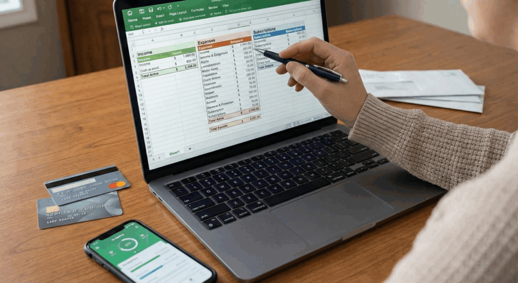 woman working on her budget and looking at the expense details