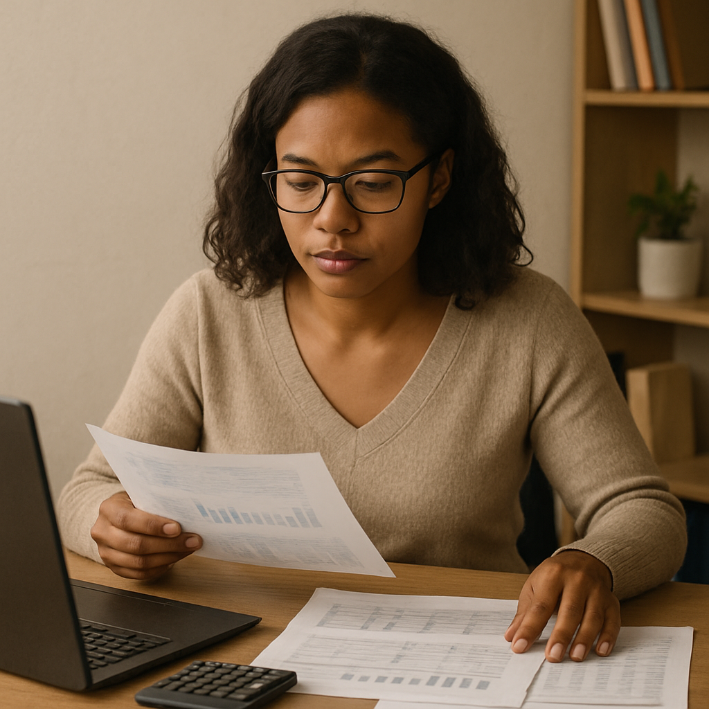A woman reviewing financial documents at a desk