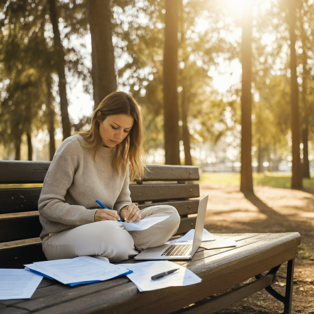 A woman sitting at a clean, organized wooden desk with a single laptop and a steaming cup of coffee, looking out a window at a sunrise.