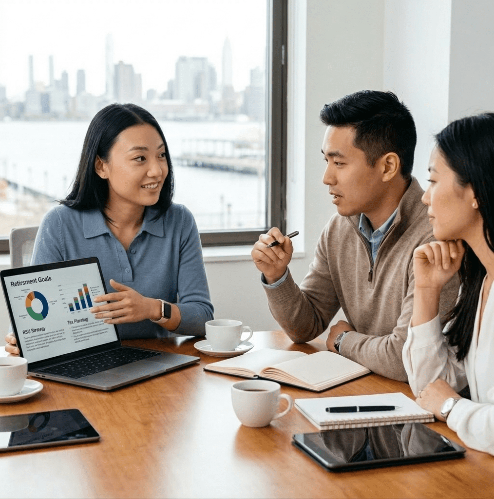 asian american financial advisor financial planning with an asian american couple