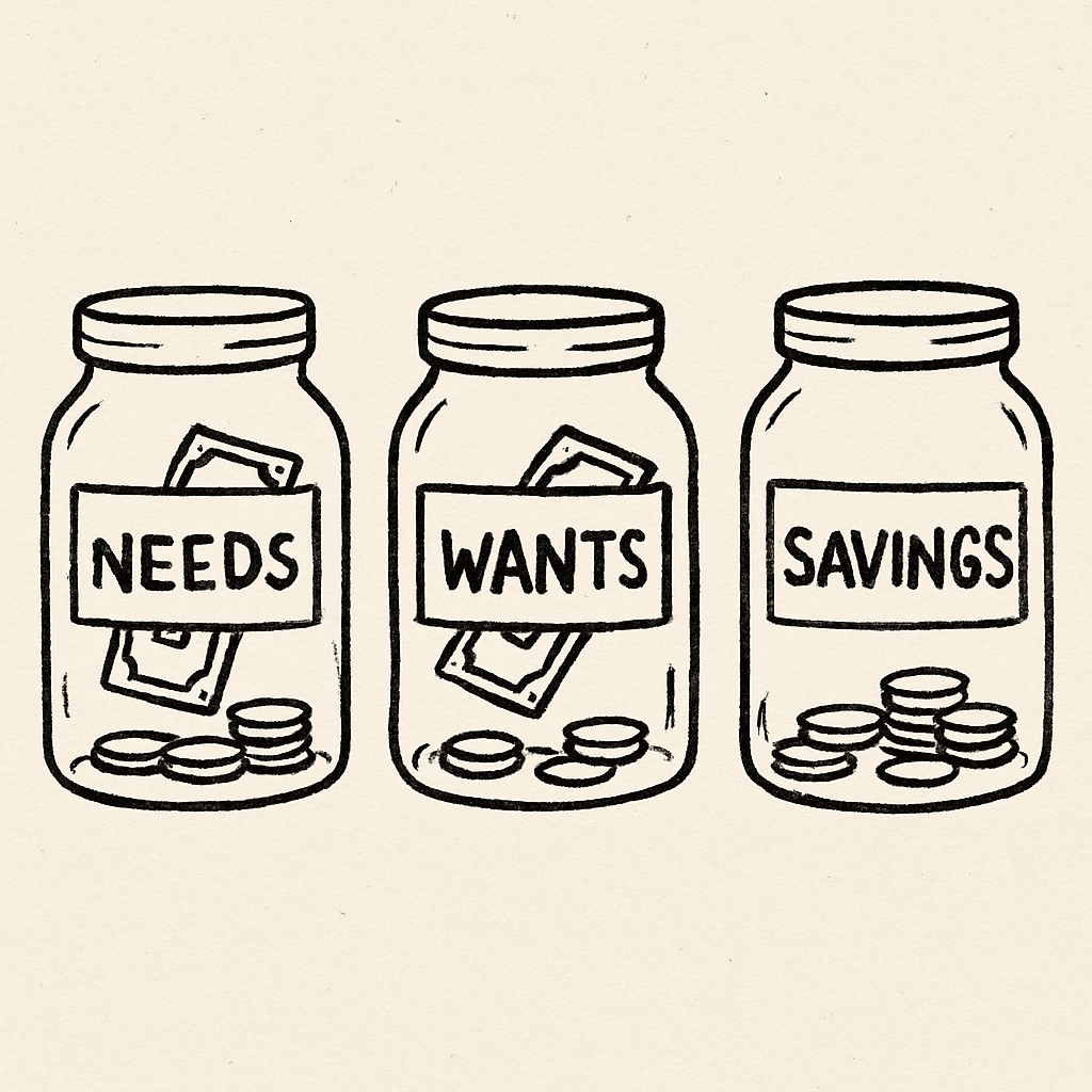 A simple drawing of three clear jars labeled 'Needs', 'Wants', and 'Savings' with small amounts of money in each.