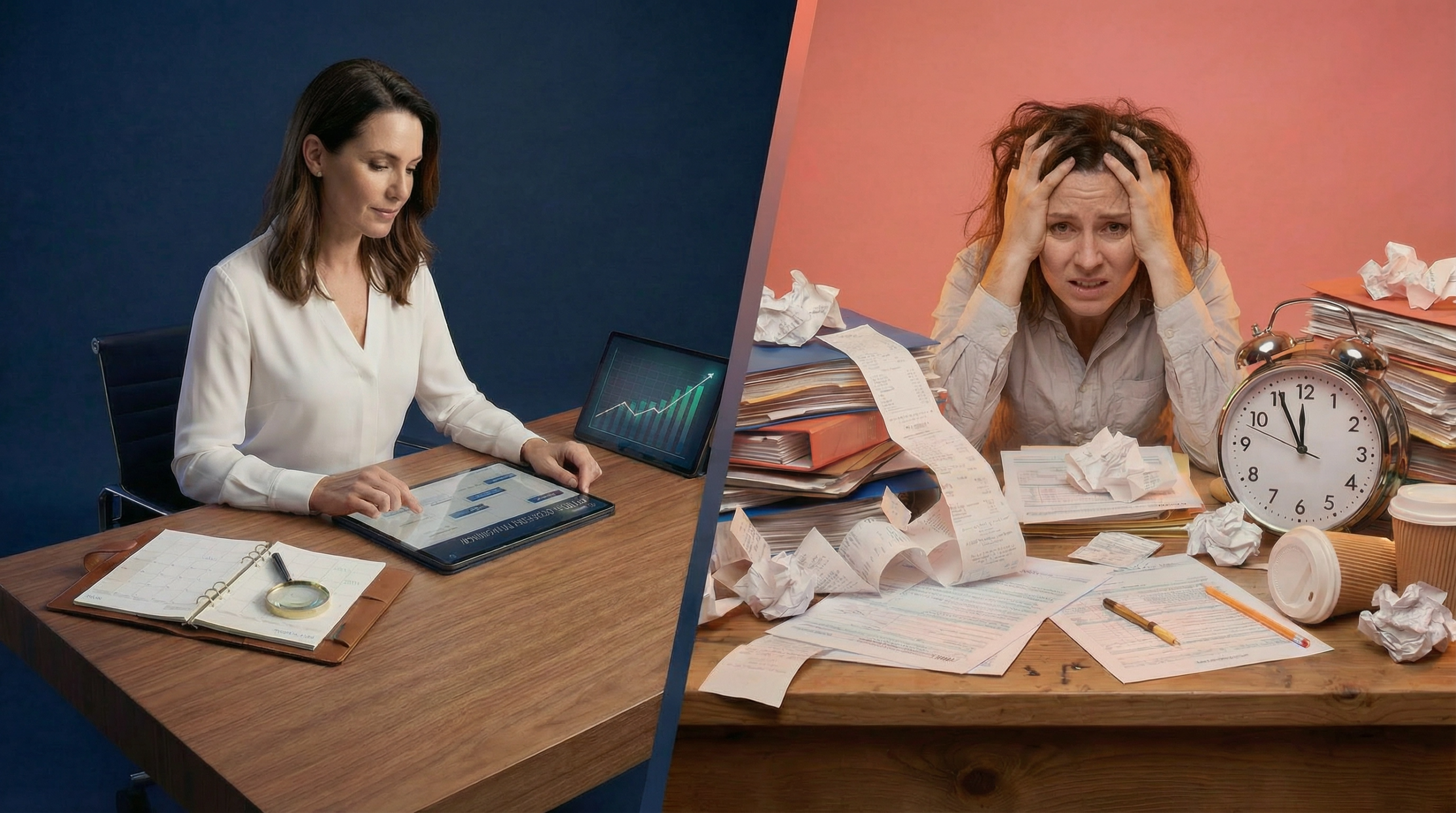 left woman is calmly looking at her finances with proactive year-round tax planning done and the right woman is stressed because of overwhelmed feeling towards the tax season and surprise tax bill