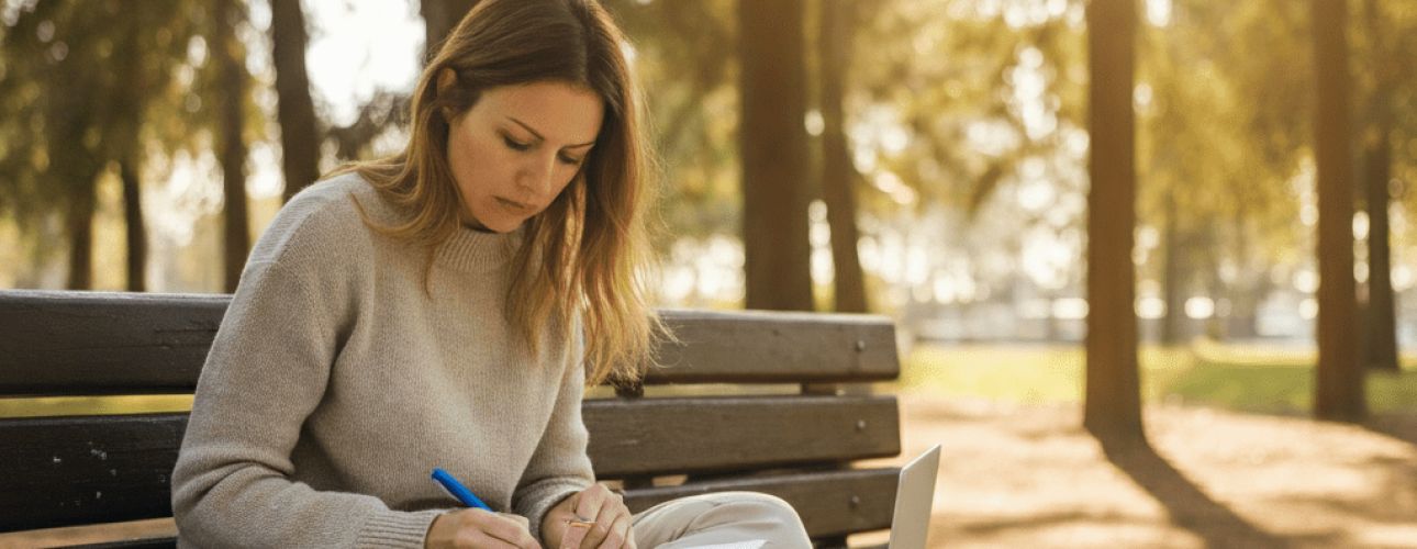 A woman sitting at a clean, organized wooden desk with a single laptop and a steaming cup of coffee, looking out a window at a sunrise.