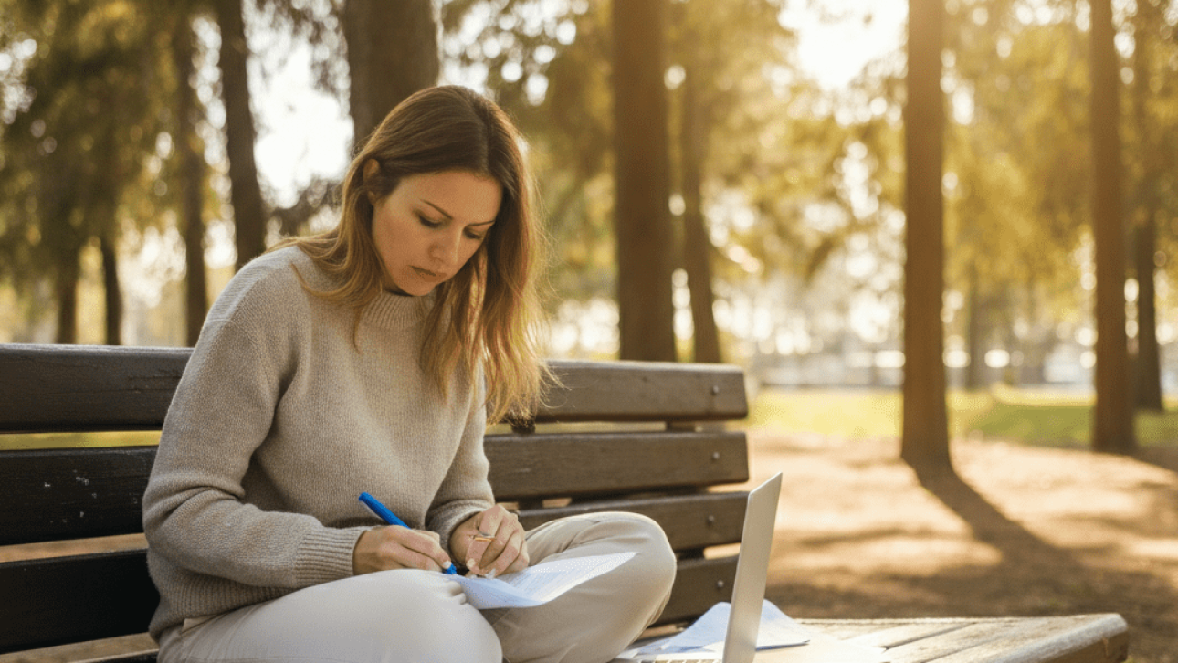 A woman sitting at a clean, organized wooden desk with a single laptop and a steaming cup of coffee, looking out a window at a sunrise.