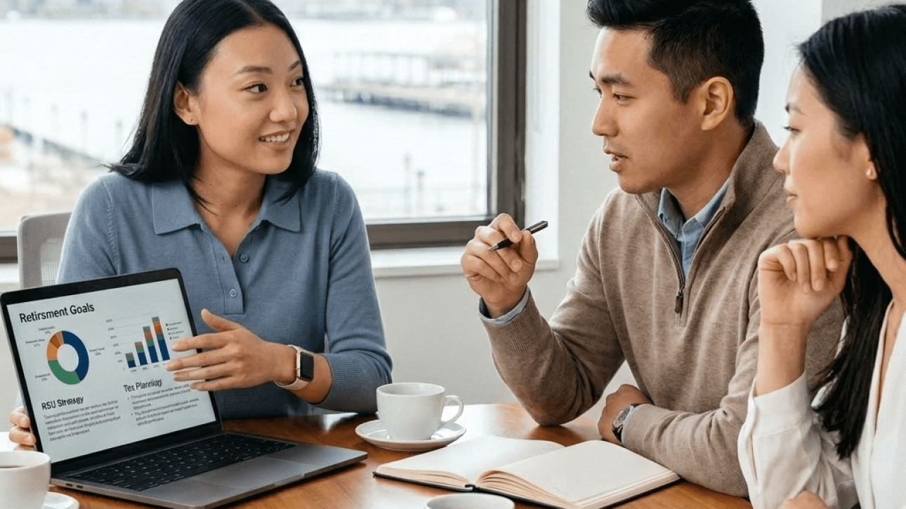 asian american financial advisor financial planning with an asian american couple