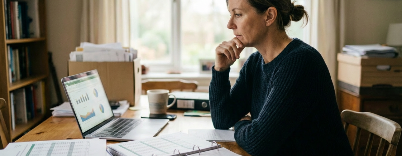 woman looking at her financial portfolio on her laptop and various folders