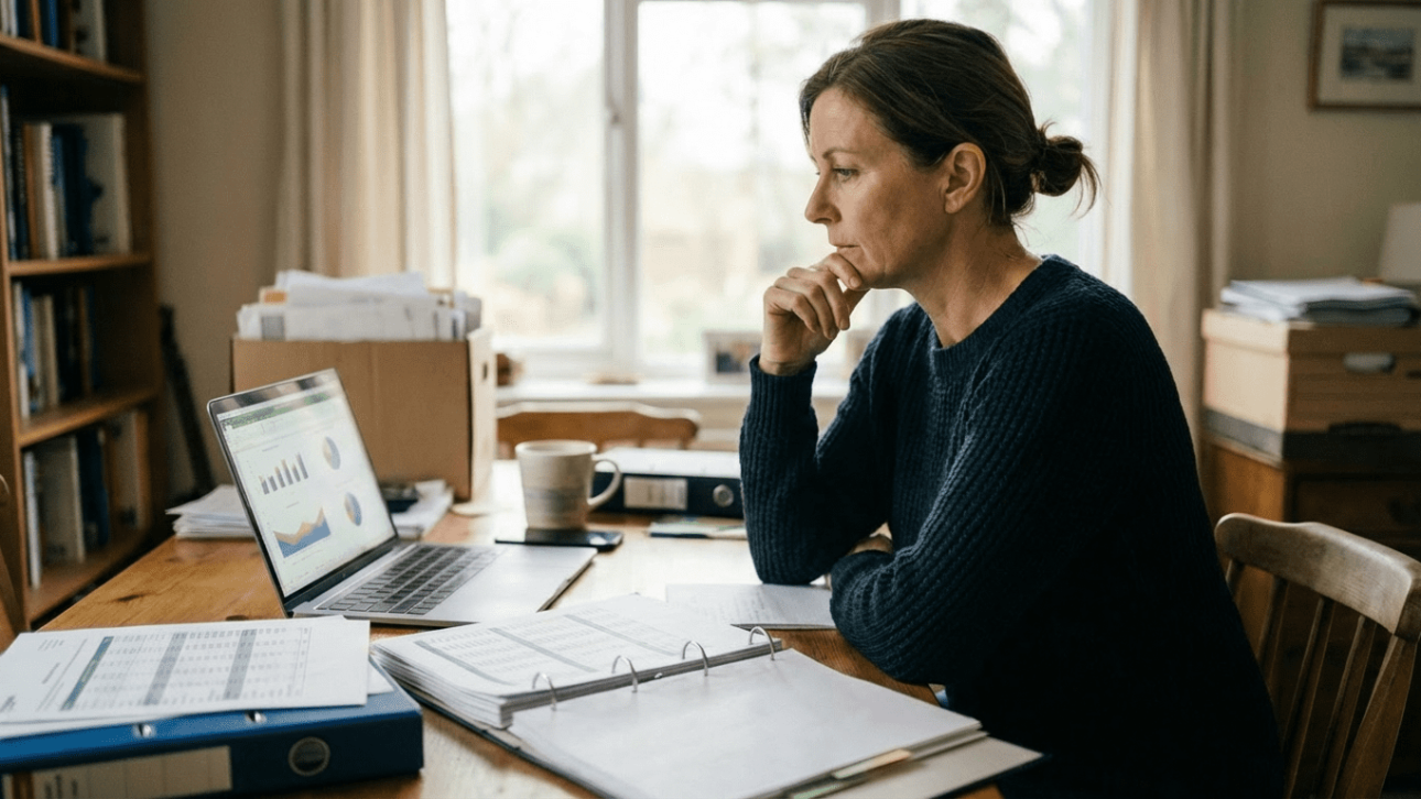 woman looking at her financial portfolio on her laptop and various folders