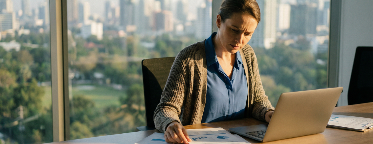 woman working on her laptop looking at charts