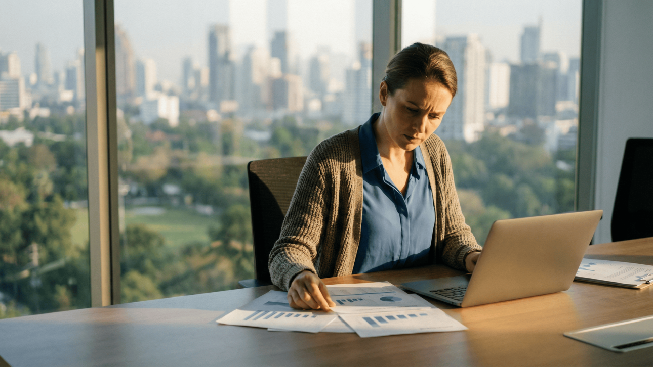 woman working on her laptop looking at charts