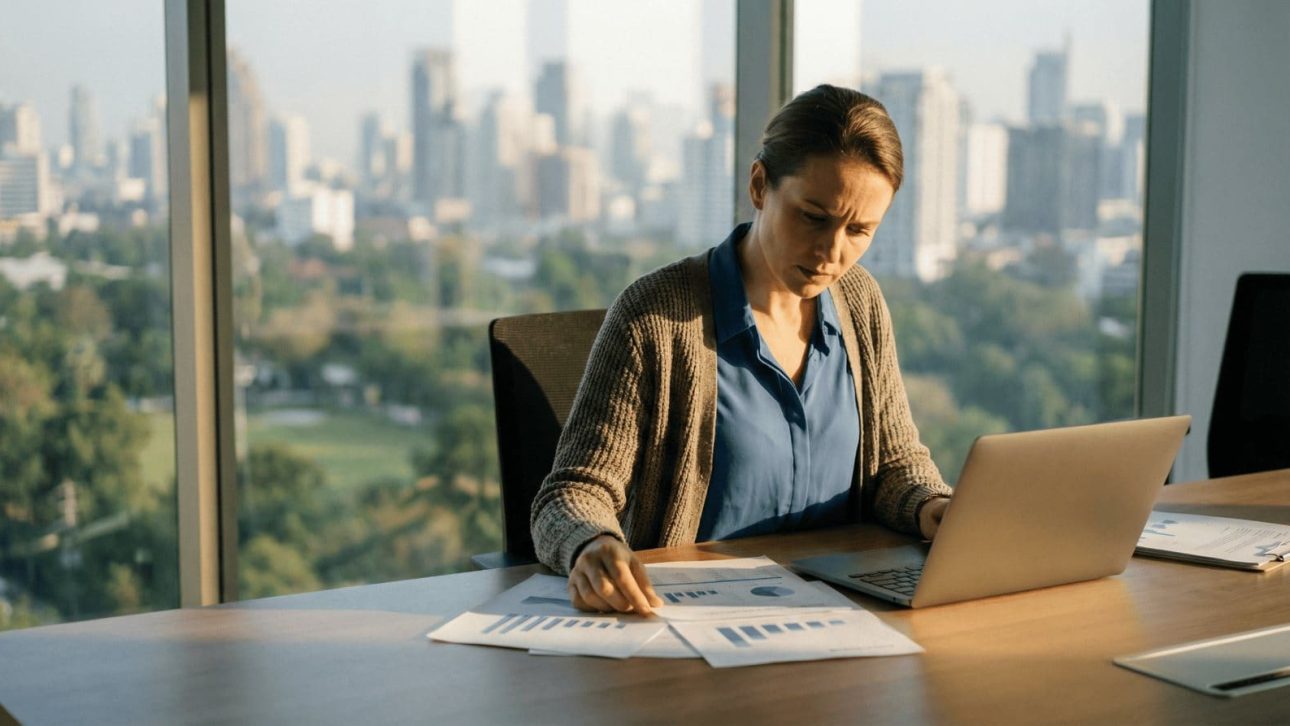 woman working on her laptop looking at charts