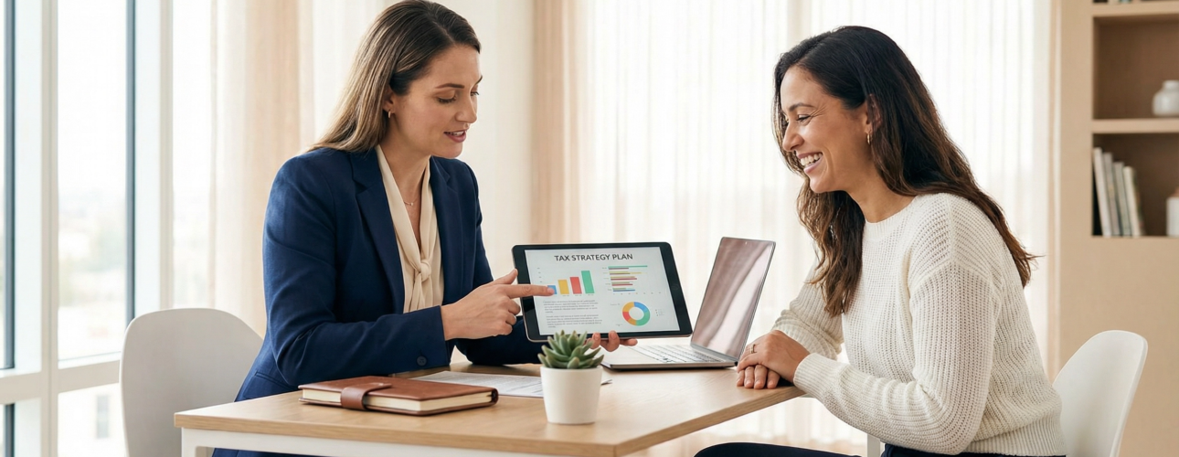 tax planner advisor speaking with her client about tax strategies she can implement throughout the year by showing a laptop monitor and explaining the impact