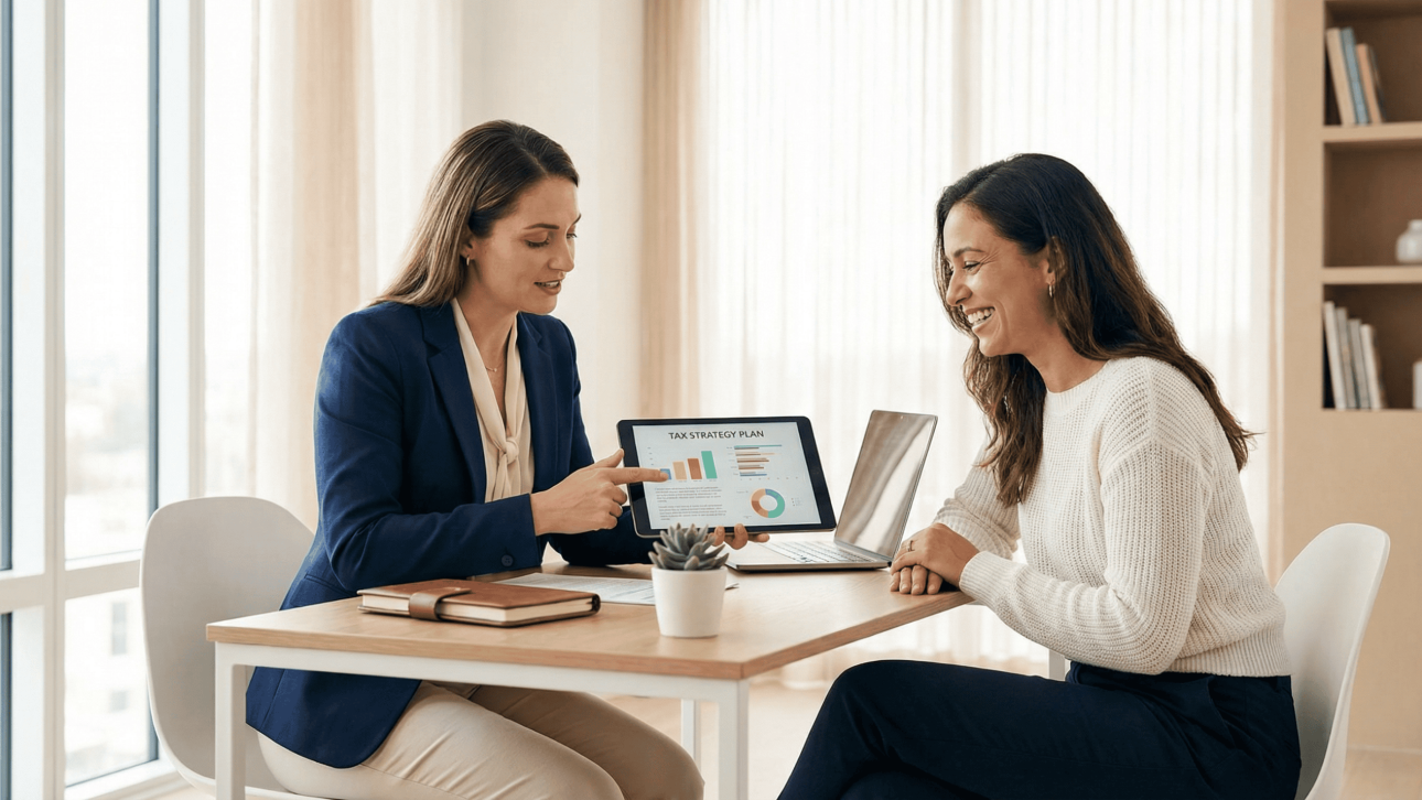 tax planner advisor speaking with her client about tax strategies she can implement throughout the year by showing a laptop monitor and explaining the impact